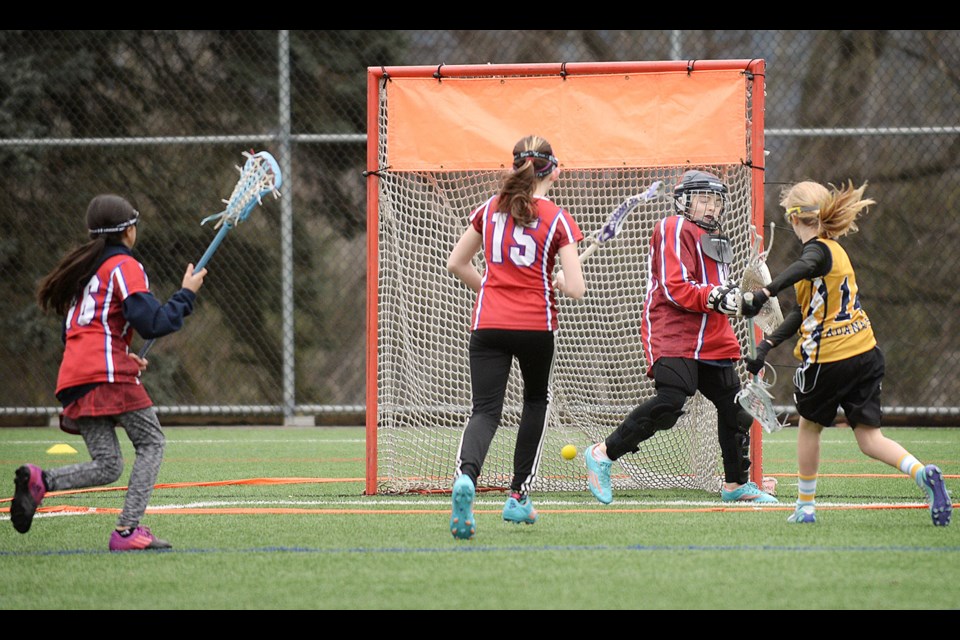 01-17-14
New Westminster u-12 girls field lacrosse team against Adanacs 2 at Queen's park. Coquitlam scored first, with only 4 players and a goalie.
Photo: Jennifer Gauthier