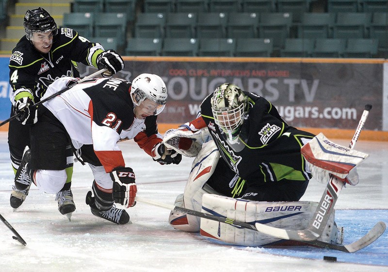 Cougars Jared Bethune gets cross checked by Oil Kings Blake Orban while trying to get to the puck in front of Oil Kings' goalie Patrick Dea.