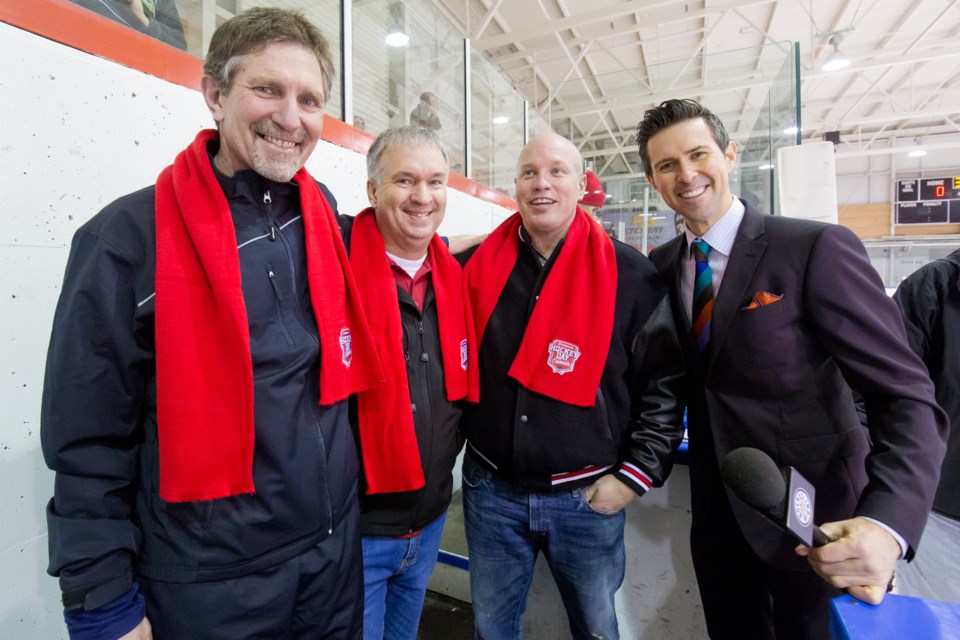 From left: L to R: Jerry Price (Carey Price's dad), Gary Seabrook (Brent Seabrook's dad), Giants strength coach Ian Gallagher, and Sportsnet host James Cybulski Saturday, Feb. 14 at Hockey Day in Canada at the Ladner Leisure Centre. The leisure centre was the official West Coast location for Scotiabank Hockey Day in Canada.