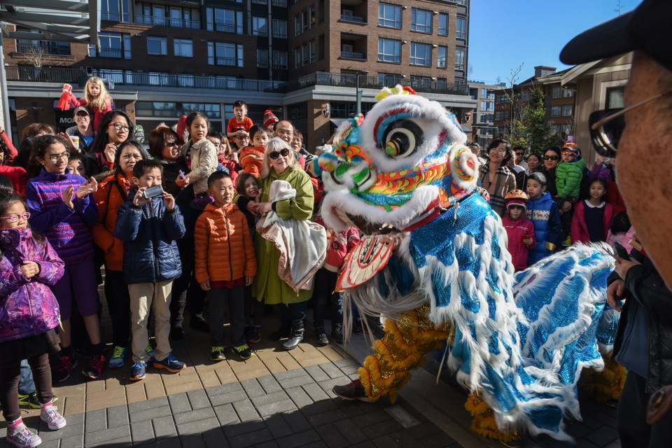 Chau Luen Athletic Club lion dancers perform in front of Chef Hung Taiwanese Beef Noodle house to celebrate the Chinese Lunar New Year this past Saturday at Wesbrook Village. “Lion dancing is really about bringing luck and prosperity, it’s a blessing for the store or event,” said club president Michael Tan. Photograph by: Rebecca Blissett