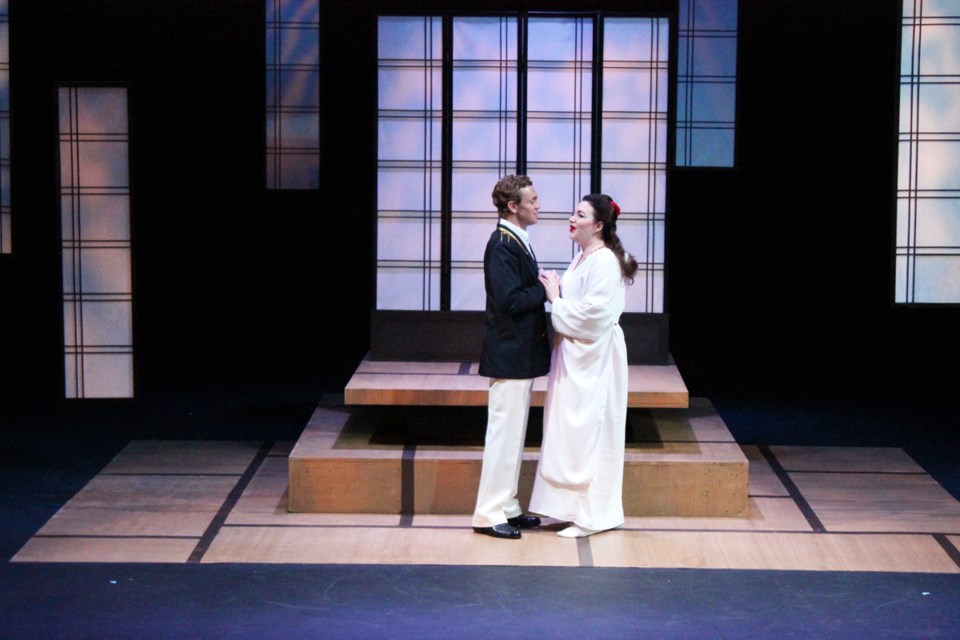 Nicolas Rhind and Gina McLellan Morel in Burnaby Lyric Opera's Madama Butterfly, onstage at the Shadbolt Centre for the Arts.