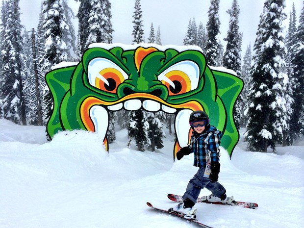 Big White Ski Resort's new Ogopogo adventure trail invites little ones to ski through the mouth of Lake Okanagan's mythical sea creature then travel down the trail through arches that mimic the shape of Ogopogo's body.