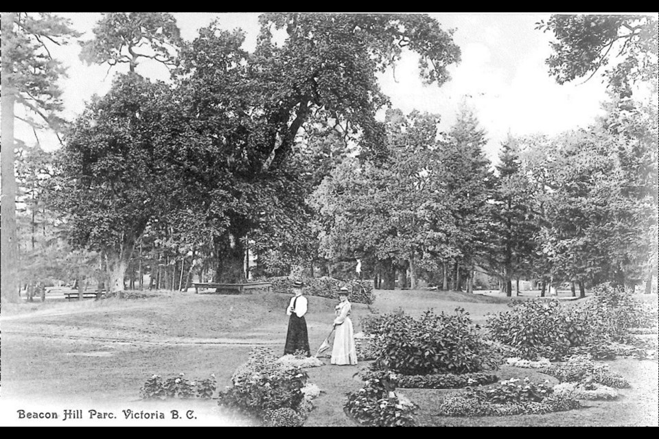 1908 postcard of Beacon Hill Park with great period clothing, sent from Victoria to Montreal. — Verna Kazakoff