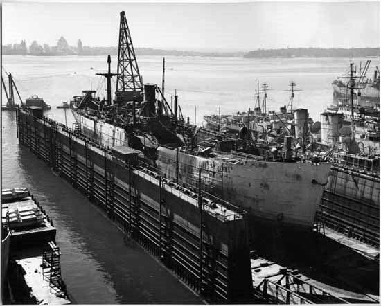 Under repair at the North Vancouver dockyards. Vancouver Public Library photo # 86921