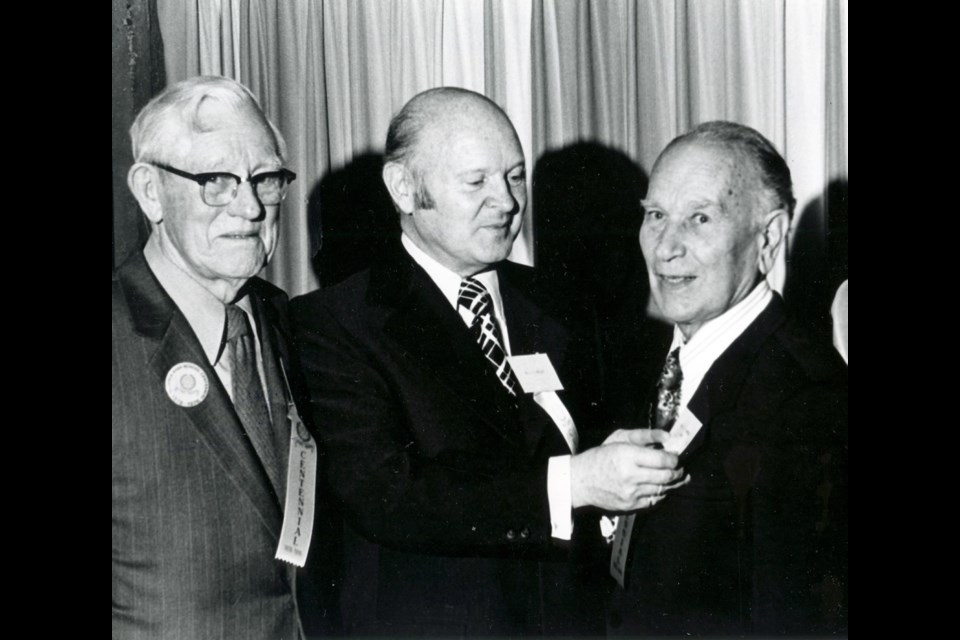 Douglas Wallis, Lawrie Wallace and Claude Campbell (Vic High vice-principal, 1934-40) at a 1976 reunion.
