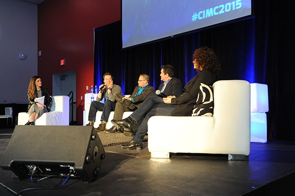 At a panel at Quest University Saturday, Sunny Lenarduzzi moderates a panel about Internet’s effect on the press featuring, from left, Tom Gierasimczuk, Tim Shoults, Alfred Hermida and Charlene Rooke. Three of the four say print publications continue to be important to readers.