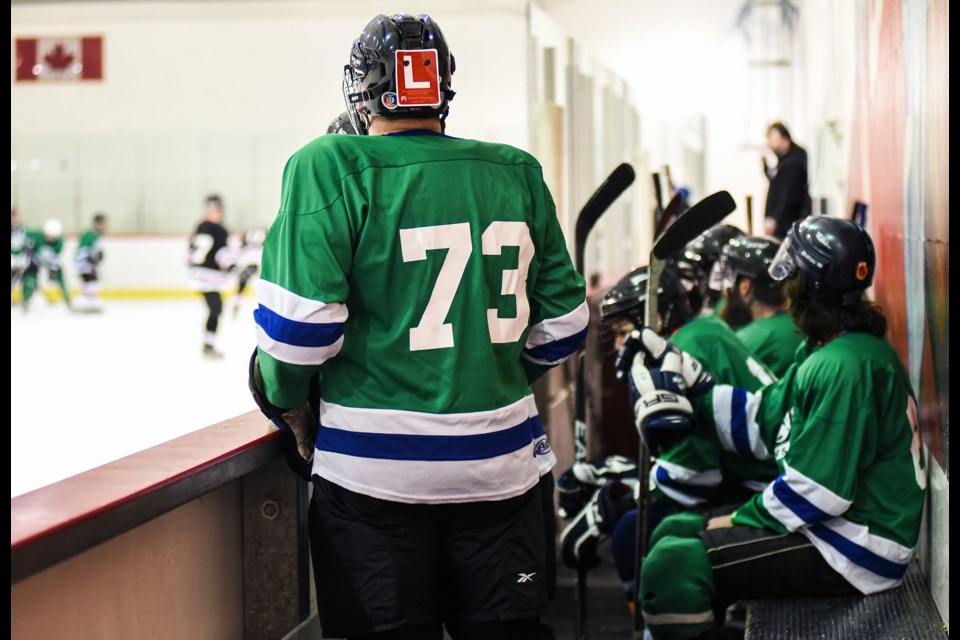 Craft Beer All-Stars player Stefan Lillos played his first-ever hockey game during Saturday’s Beer League BASH tournament at Britannia Rink. The fundraiser featured four teams and 11 local craft breweries and money raised went towards the Britannia After School Hockey program that gives underprivileged teenagers an opportunity to learn and play the game. Photograph by: Rebecca Blissett