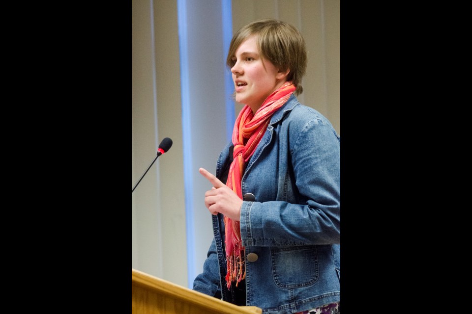 Brentwood Park Elementary Grade 7 student Zuzanna Liniewski presents her winning speech to trustees at a school board meeting Tuesday.