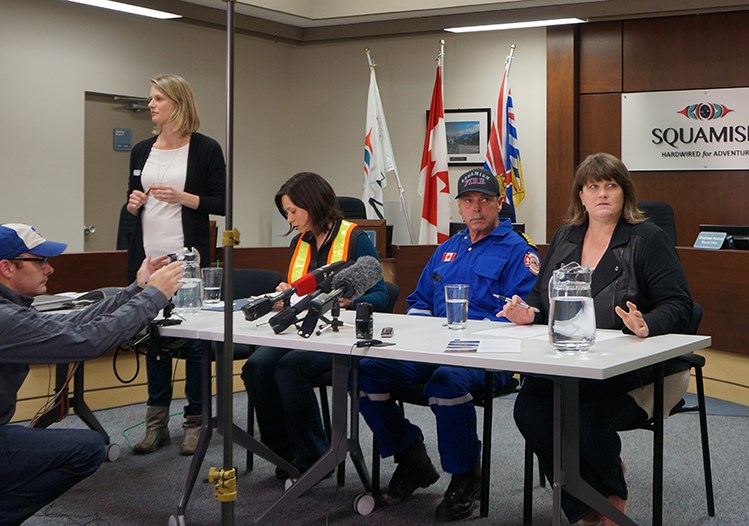 Media conference Friday afternoon at municipal hall. (Left to right) District Spokesperson Christina Moore, Squamish Terminals Kim Stegeman, Fire Chief Bob Fulton and Mayor Patricia Heintzman.