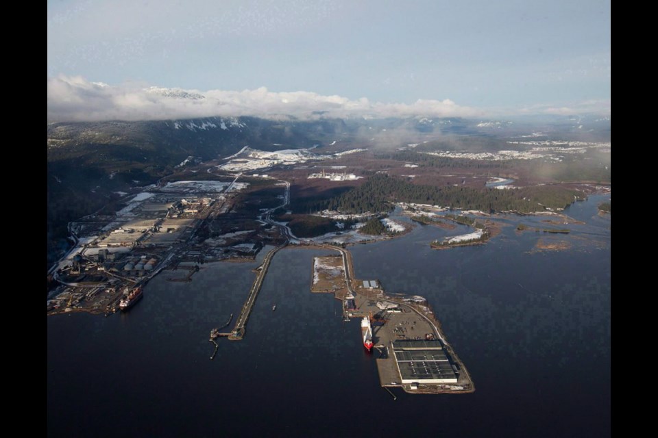 An aerial view of the proposed pipeline termination point in the Enbridge Northern Gateway Project at Douglas Channel. The effects of a tanker port and increased traffic off the west coast is the focal point of hearings this week in B.C.'s north. Hearings come to Victoria in January.