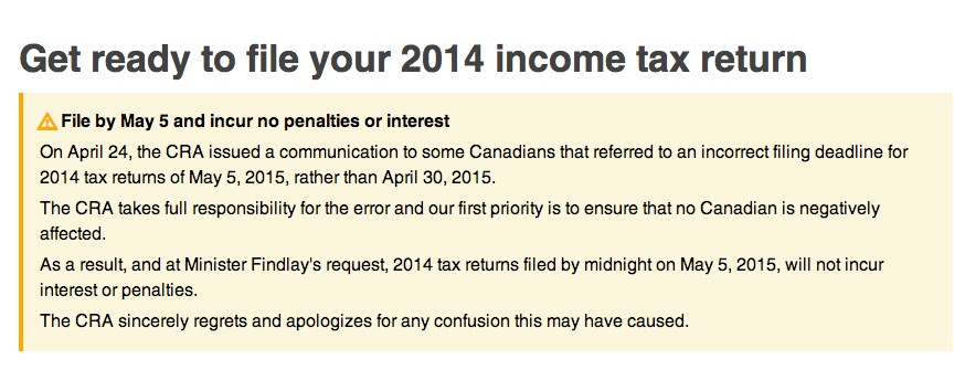 Income tax deadline extension notice on Canada Revenue Agency website.