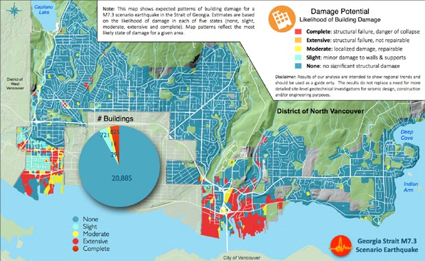 This map shows damage expected if a 7.3 magnitude earthquake were to hit the District of North Vancouver today, taking into account soil types, location and building construction. Areas in red would likely be hit with the most damage, areas in blue with the least damage.