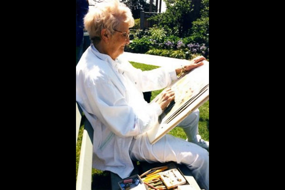 The late Dorothy Oxborough works on a pastel at Painter's Lodge