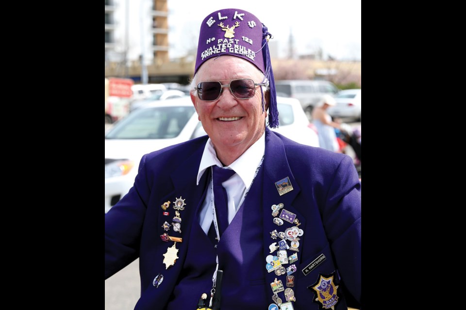 Long time Parade Marshall, Harold Hartshorn, is all smiles during the return of the Elks May Day parade this past Saturday. Mr. Hartshorn has been Parade Marshall for the annual parade for the past 24 years.