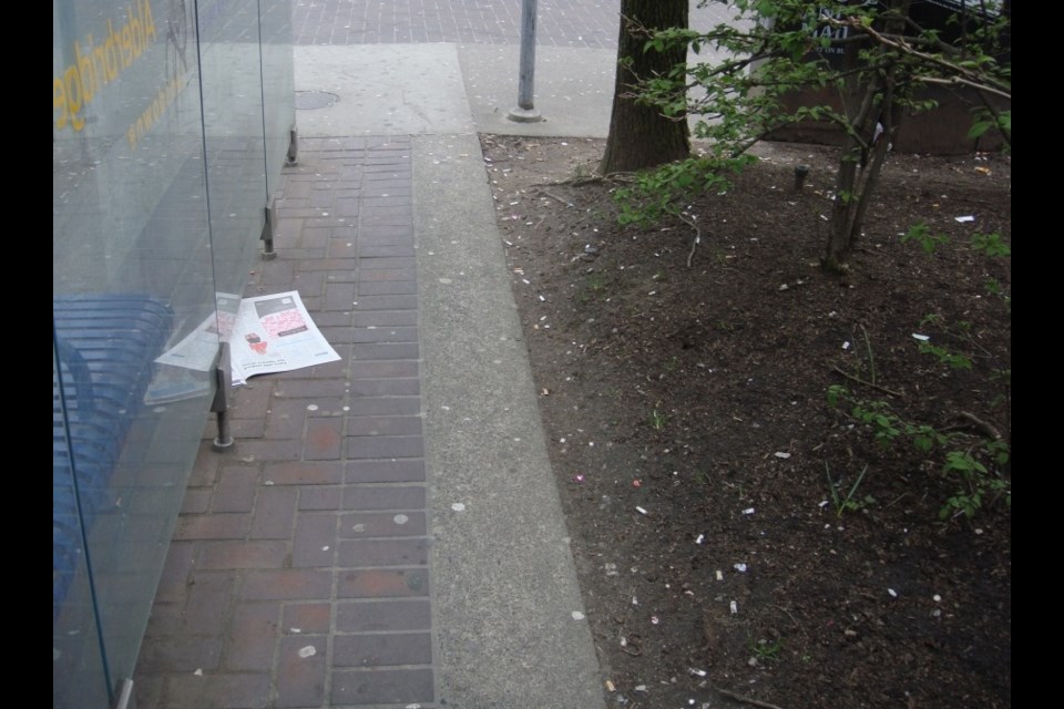 Litter at a bus stop in Vancouver.