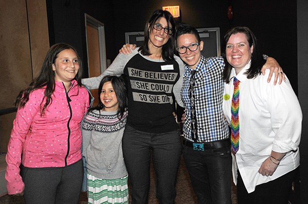 Susan Chapelle, centre, shown with her children Samara Robinson and Talise Chapelle, helped sponsor the Someone Like Me conference that included a keynote speech by comedian Elvira Kurt (beside Chapelle). At right is Margo Dent of Safe 'N' Sound Squamish who was thrilled with the turnout for the first Squamish pride conference.