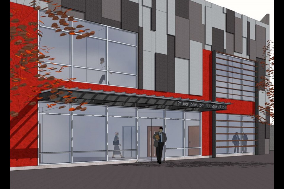 A rendering of Parker JohnstonÍs new 28,000-square-foot building in Central Saanich.