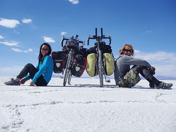 Ladner’s Bryan Kinshella and Maggie Woo take a break during their crossing of Salar de Uyuni, a huge salt flat in Bolivia.