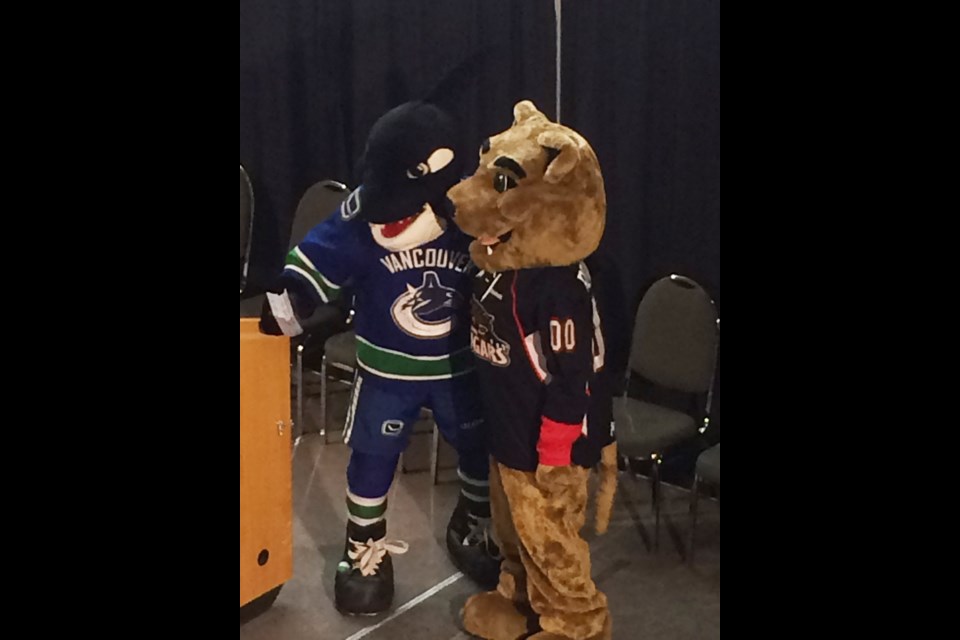 Canucks mascot Fin and Cougars' Rowdy Cat get chummy during the announcement that the Canucks will hold a training camp in PG this fall.