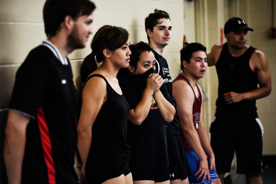 Vancouver Dodgeball League players wait for the opening rush in one of the many games played at the Fraserview Club Saturday during the Go Wild Dodgeball Tournament. Proceeds raised went to British Columbia’s chapter of the Canadian Parks and Wilderness Society. CPAWS is a national non-profit that aims to keep half of Canada’s public lands and waters wild. Photograph by: Rebecca Blissett