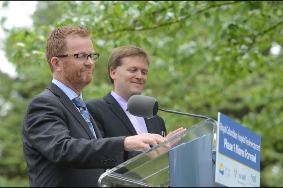 New Westminster Mayor Jonathan Cote joins Health Minister Terry Lake at Royal Columbian Hospital Wednesday for the announcement of $250 million in provincial funding for phase one of a three-phase redevelopment of the local health care centre.