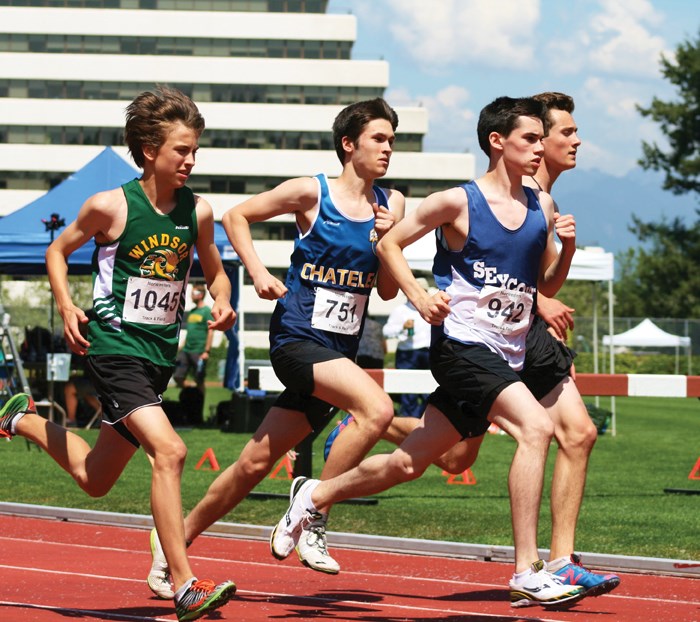 Alex Nightingale of Chatelech (centre) won gold in senior boys 400 metre dash and bronze in the 800 metre run, both in new personal best times.