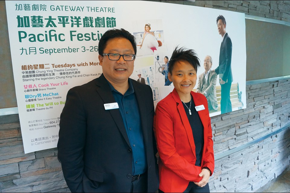 Gateway Theatre director Jovanni Sy and Pacific Festival producer Esther Ho welcome people to the theatre. The festival will feature Cantonese plays with English surtitles.