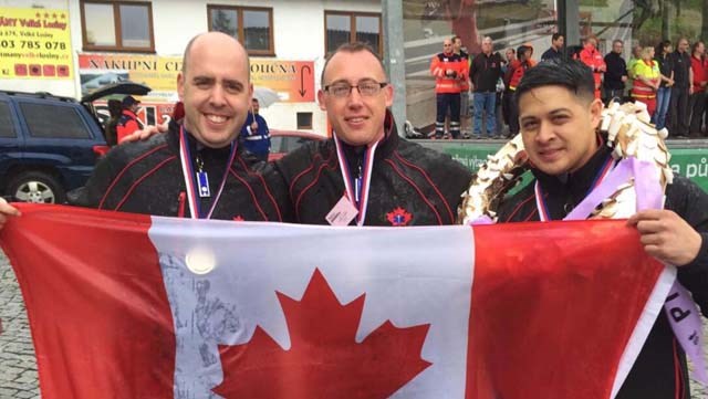 Team Canada, from left, Chris Naples, Kevin Lambert and Rico Ruffy celebrate after winning the gold medal for paramedics at the famed Rejviz Rally global medical rescue competition held annually in the Czech Republic.