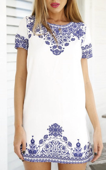Short Sleeve Vintage Blue And White Print Pattern Dress $16.50 (sale), Romwe