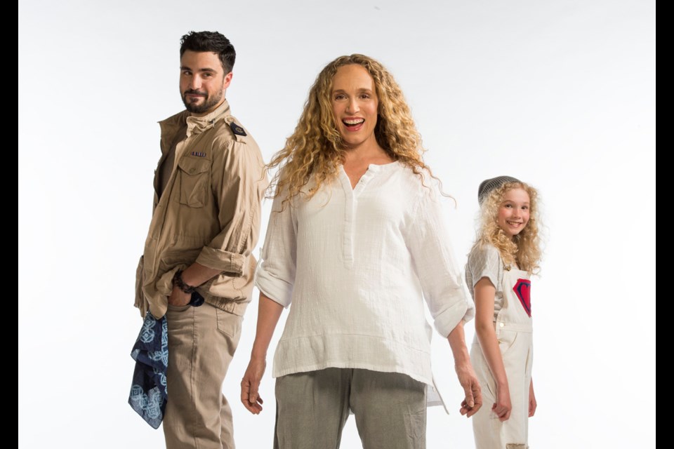 Andrew Cohen as Judas, Jennifer Copping as Jesus and Aubrey Joy Maddock as John the Baptist in the Arts Club Theatre production of Godspell.