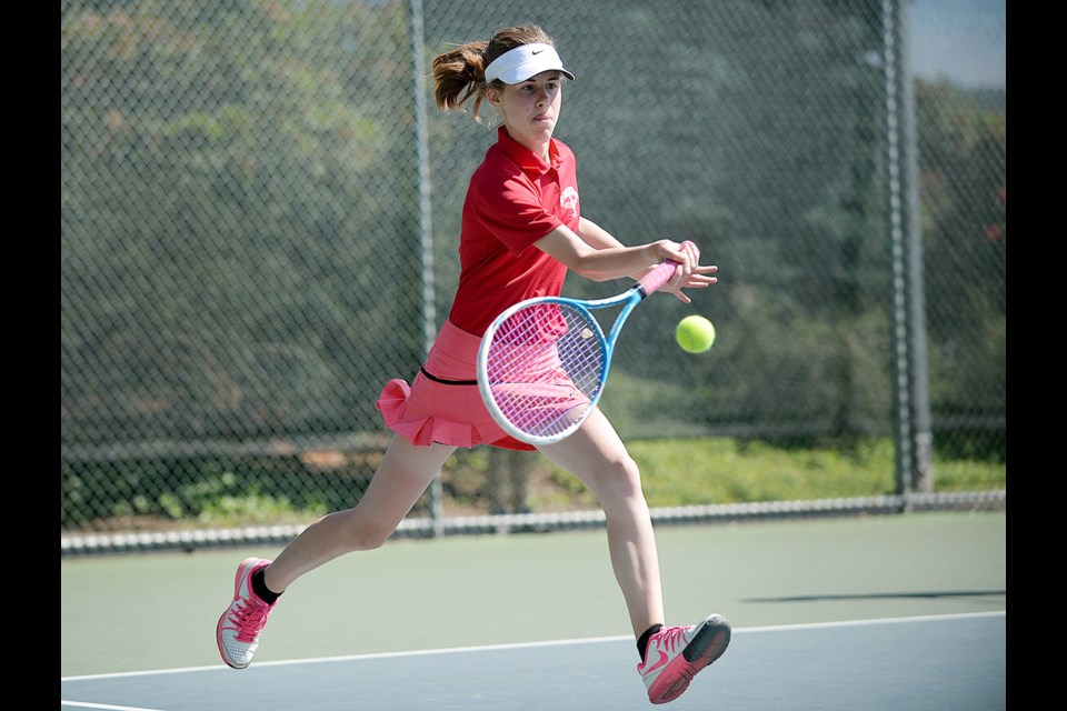 05-30-15
Semiahmoo (red) vs Elgin park, Senior AAA for 5/6th place. (Visor) Tea Milosevic, Carol Guo
B.C. High School AAA tennis championships at Burnaby Tennis Club.
Photo: Jennifer Gauthier