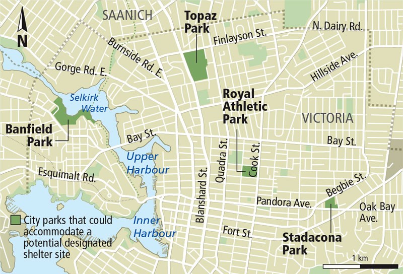 Possible tenting sites in Victoria parks.