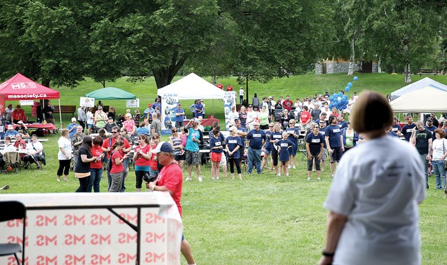 Shirley Bond, MLA for Prince George-Valemount, addresses the crowd shortly before the start of the Scotiabank MS Walk that took place Sunday at Ft George Park.