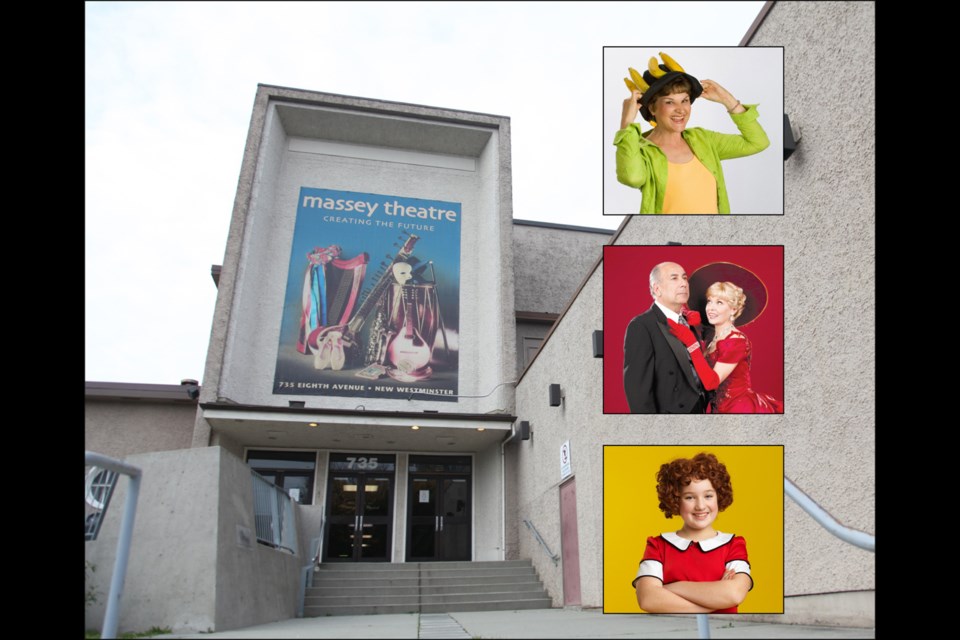 Together again: The Massey Theatre is holding a 65th anniversary Homecoming gala on Sunday night. Among the featured performers will be (inset, from top) acclaimed children’s entertainer Charlotte Diamond, Colleen Winton (seen with David Adams) from the Royal City Musical Theatre’s Hello Dolly, and Julia MacLean from RCMT’s Annie.