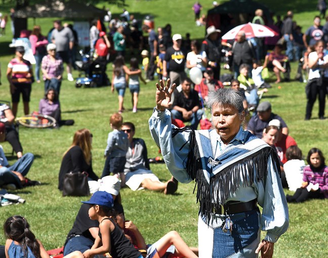 Lorrie Adams performed a traditional women`s dance during National Aboriginal Day at Lheidli T'enneh Memorial Park on Sunday.