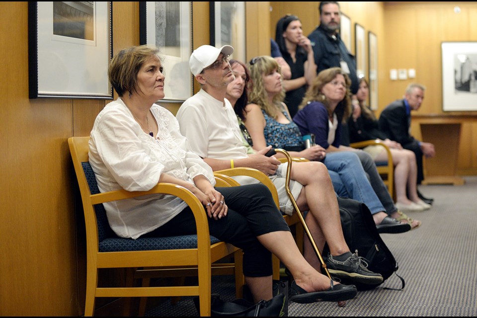 About 25-30 people watched the proceedings on a monitor outside council chambers as Vancouver continued its public hearings on its proposal to regulate illegal marijuana dispensaries Monday evening at City Hall. Photo Jennifer Gauthier