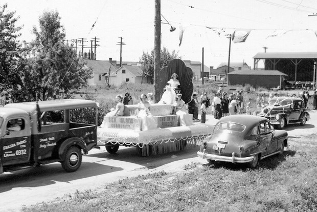 A 15-year-old Doreen Braverman sits atop the Dairy Princess parade float as it rolls down Moncton St. during the 1947 Steveston Salmon Queen Carnival. Richmond Archives photo