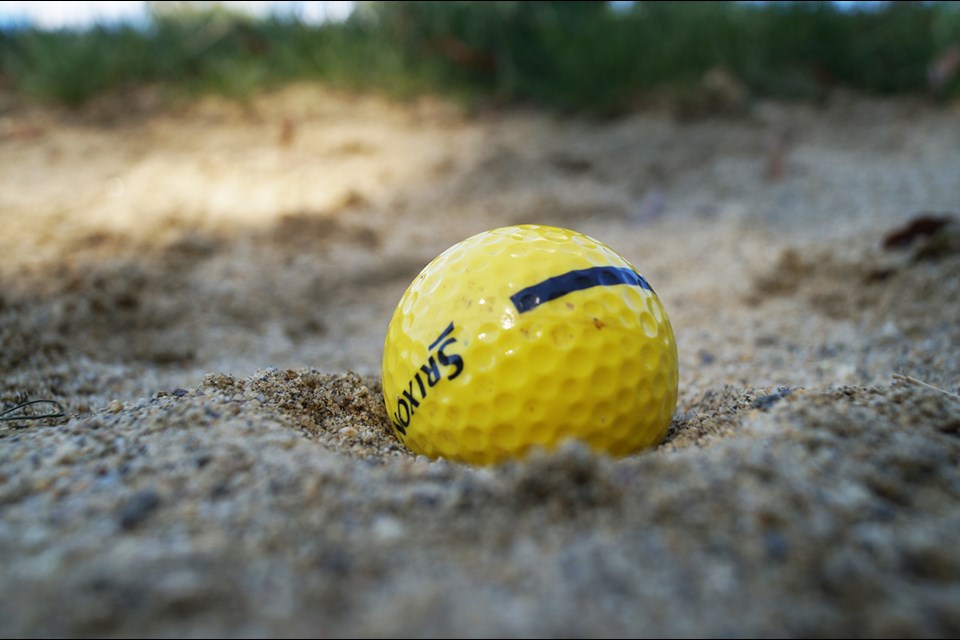 When in a bunker, first assess the ball's lie. If it's covered in lots of sand you'll need to adjust your stroke.