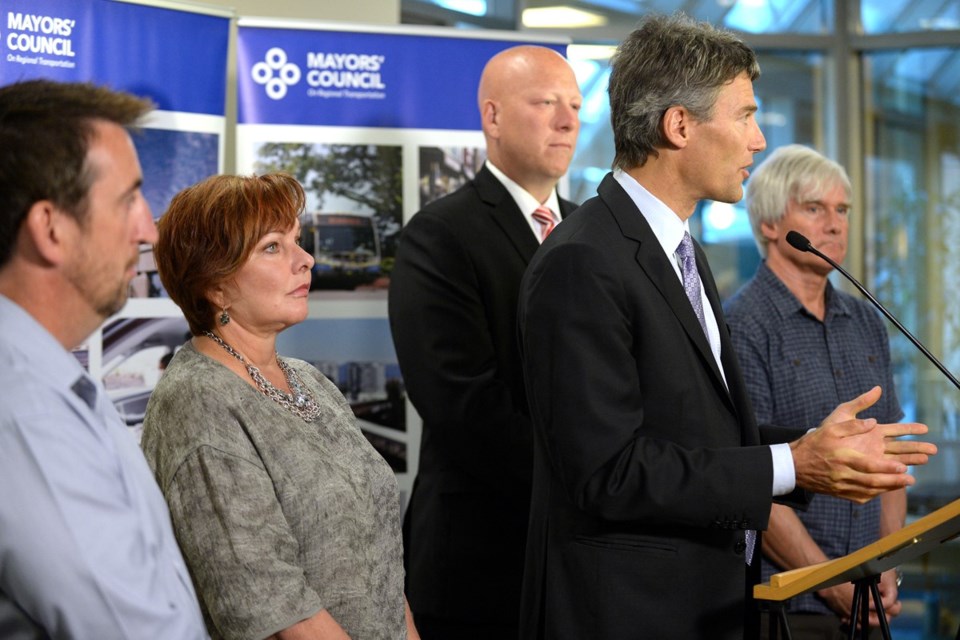 Vancouver mayor Gregor Robertson spoke at a press conference organized by the Mayors’ Council on Regional Transportation in response to Election B.C.’s release of the transit vote results. Photo Jennifer Gauthier