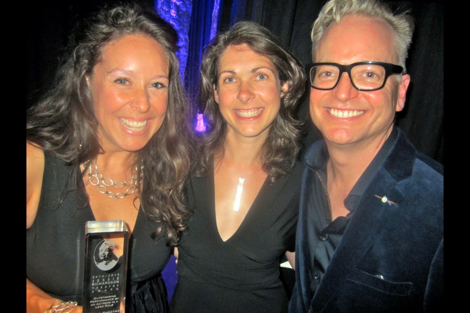 Executive directors Camilla Tibbs (Gateway Theatre), centre, and Peter Cathie White (Arts Club Theatre) presented the outstanding lead actress (large theatre) to À toi, pour toujours, ta Marie-Lou’s France Perras.