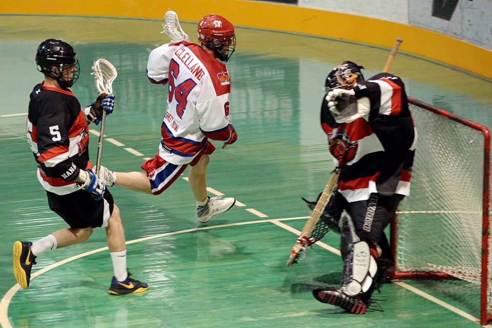 New West Salmonbellies vs Nanaimo Timbermen in BC Junior Lacrosse on June 28, 2015.