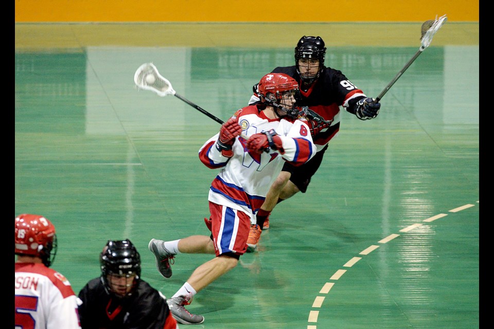 New West Salmonbellies vs Nanaimo Timbermen in BC Junior Lacrosse on June 28, 2015.