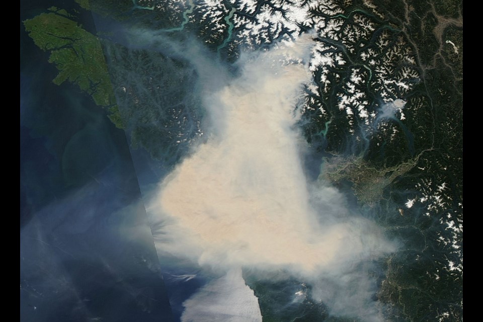 Smoke from wildfires blankets southern Vancouver Island in this NASA satellite image taken on Sunday, July 5, 2015,