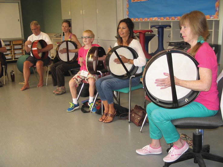 Bodhran class learns to play in rhythmic harmony.