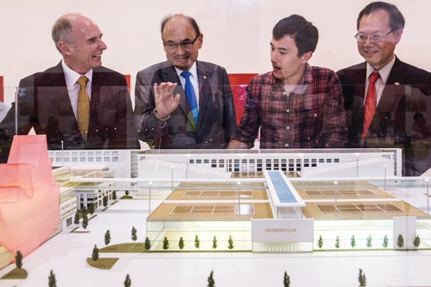 n Dennis Drummond (far left), along with MLAs John Yap and Richard Lee, and three-time World Champion Patrick Chan, view a model of the private, Drummond Club athletic facility taking shape in northeast Richmond. When completed, it will house the Patrick Chan Elite Figure Skating School (below). Photos submitted
