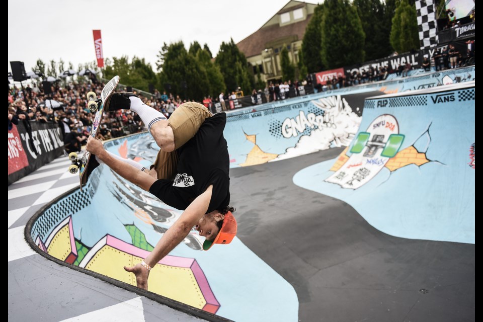 Vancouver’s Adam Hopkins plants on the side of the Hastings bowl on his way to finishing fifth and pocketing a $5,000 cash prize in the Van Doren Invitational at Hastings Skatepark July 11, 2015. Photo Rebecca Blissett