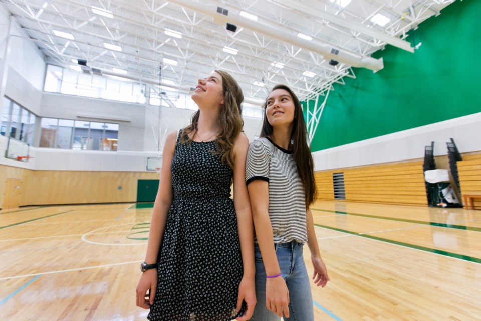 Wednesday: Nicole Quast, left, and Jasmine Lambert check out the gym during a tour inside the new $51.6-million Oak Bay High School, where they will be starting Grade 10 when the building opens in September.