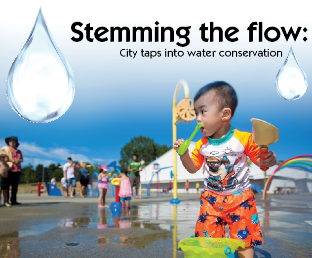 A child plays at the bush-button activated water play area in Steveston Park during Stage 3 water restrictions. July, 2015. Photo by Gord Goble