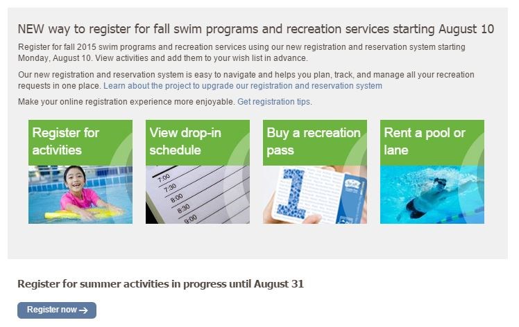 An update on the City of Vancouver website informs users the registration system had crashed. On Aug. 10, 2015, people were registering for fall swim programs.