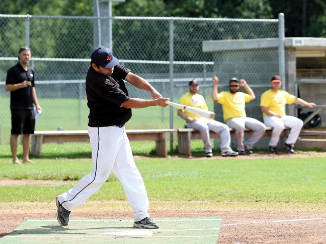 Evan Potskin swings for the fences at Citizen Field on Sunday while taking part in the fundraiser for James Torraville, a local 6-year-old who is battling leukemia. Those in attendance were treated to a home run derby followed by an all star game featuring players from the Northland Dodge Prince George Senior Men's Baseball League.